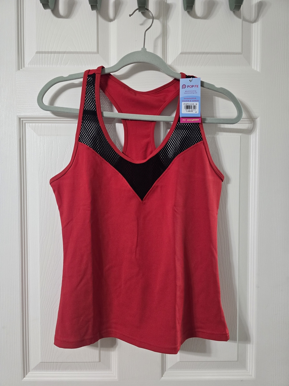 POP Fit Red Racerback Tank with Black Mesh Accent